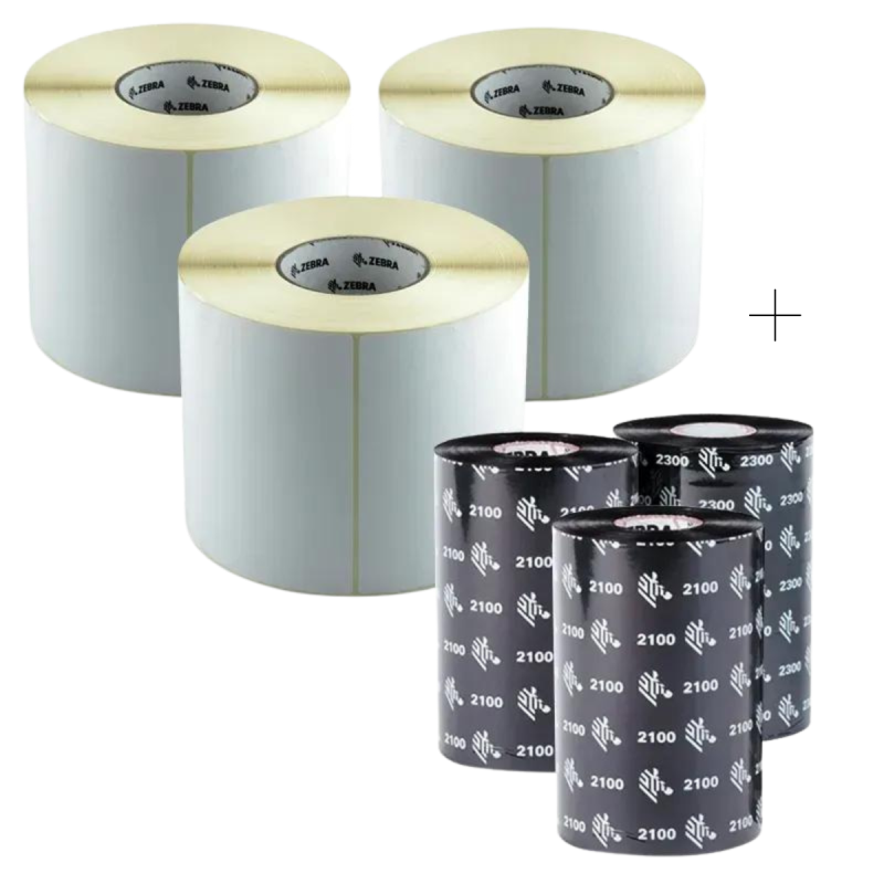 Caja 3 rollos 1425 etiquetas 102x152 papel transferencia + 3 ribbons cera 110mm