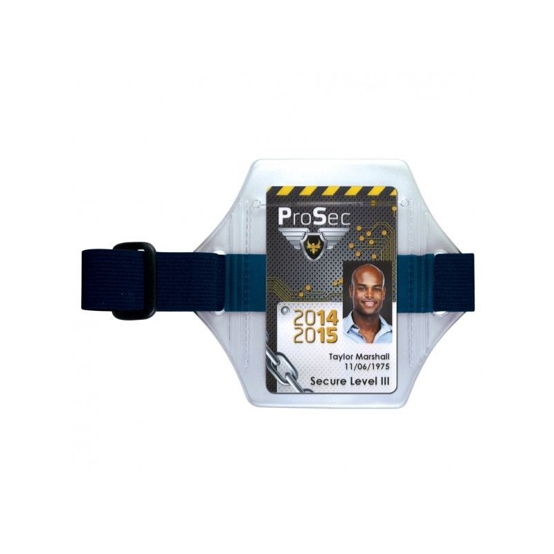 PORTA TARJETAS BRAZALETE TRANSPARENTE CON CORREA AZUL MARINO PK 10 UDS
