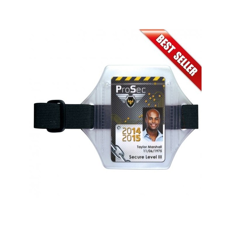PORTA TARJETAS BRAZALETE TRANSPARENTE CON CORREA NEGRA PK 10 UDS